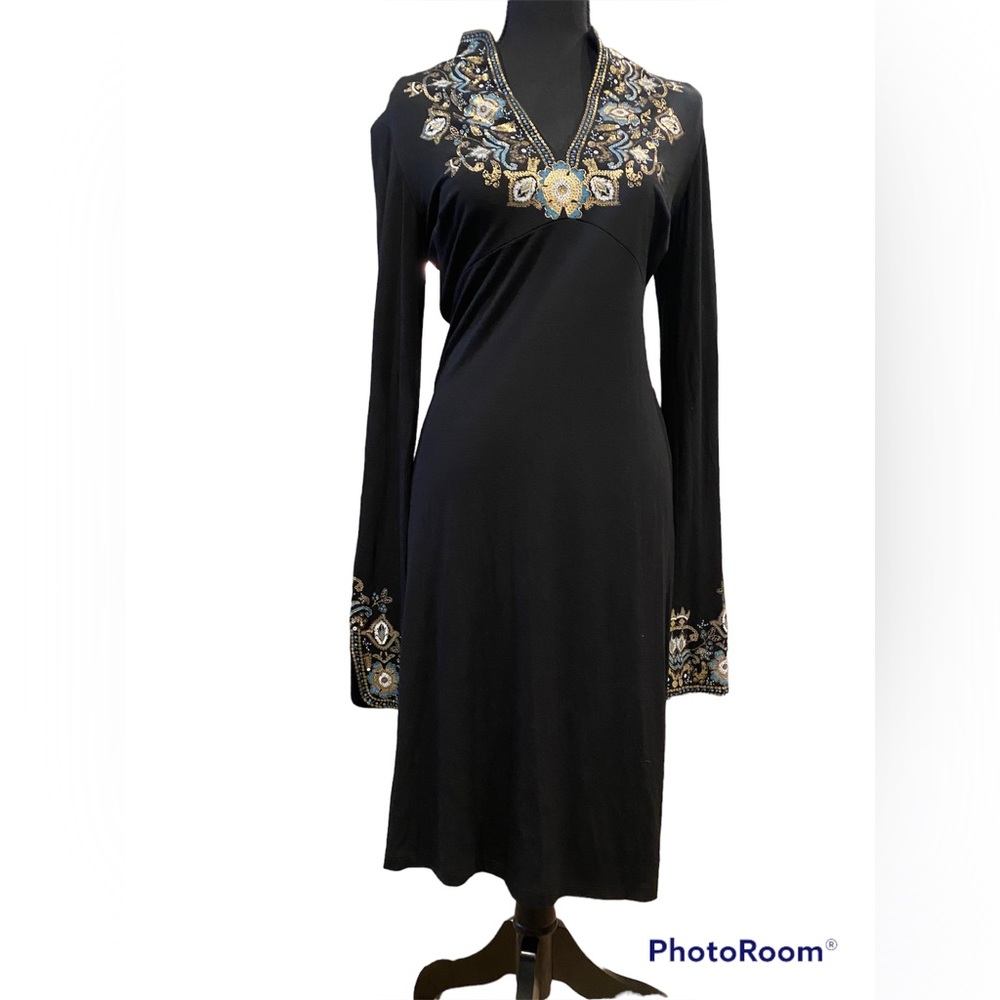 Cache black gold blue and white stretchy dress
